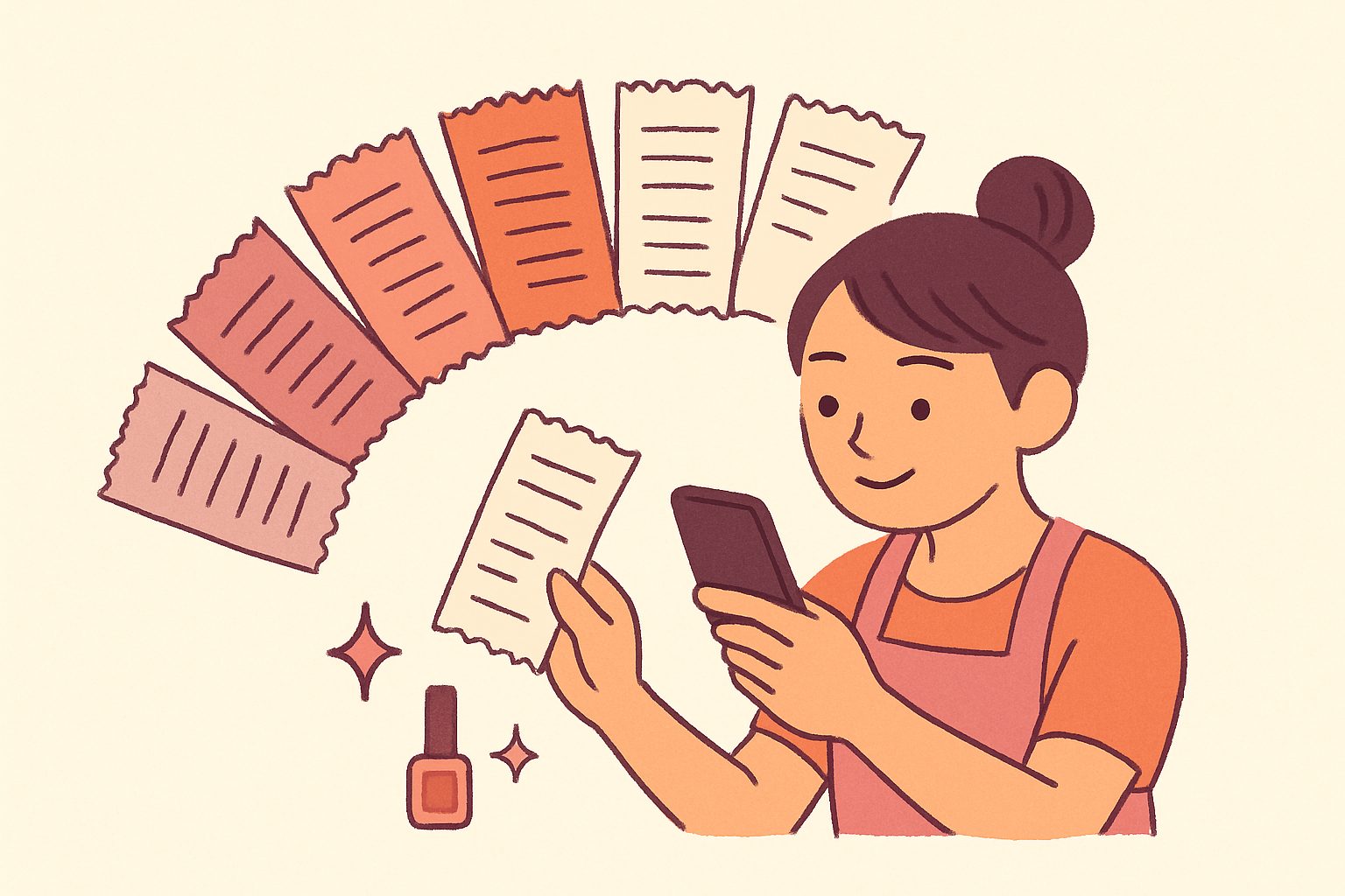 レシートがネイルのカラーチャートのように並ぶイラスト